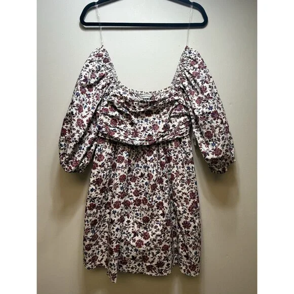 Speechless Rust Ivory Floral Puff Sleeve Mini Boho Cottagecore Pockets Sz S - Picture 1 of 6